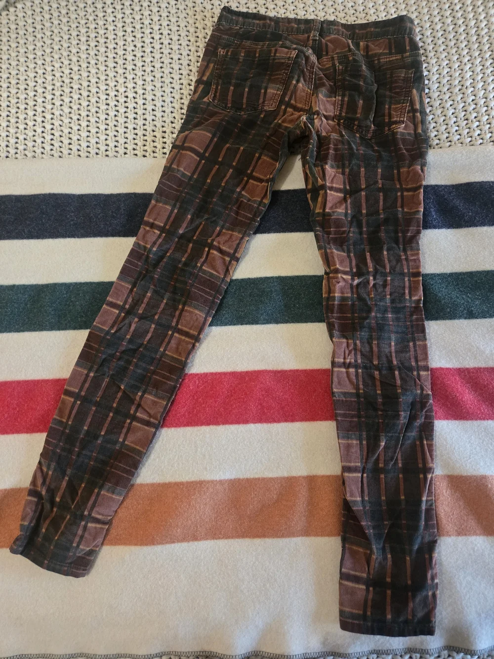 Free People Plaid Skinny Jeans in Rust, Brown, and Black